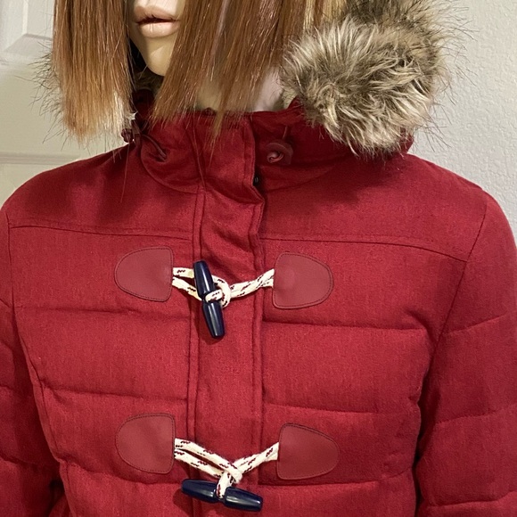 SUPERDRY Tall Marl Toggle Puffle Jacket Burgundy Puffer Hooded Coat Size 2 US - Picture 10 of 16